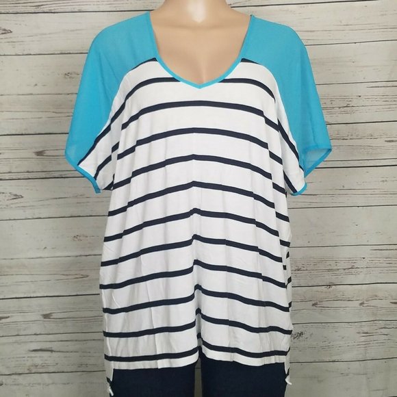 a.n.a. Woman Sz 1X White Black Stripes Sheer Teal - Picture 8 of 13